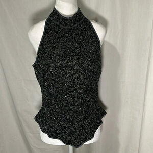 large black & silver heavily beaded Adrianna Papell boutique sleeveless silk top